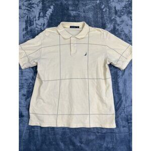 Nautica Mens Beige Polo Shirt Size L Windowpane Plaid Design Short Sleeve